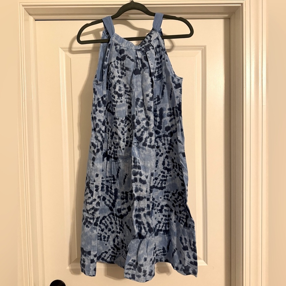 Bellambra Linen Tie Dye Shibori Style Blue Dress with Tie Neck